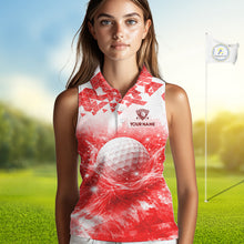 Load image into Gallery viewer, Female golfer wearing red water splash golf polo shirt, golf ball golf apparel, women's golf outfit
