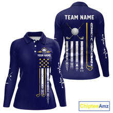 Load image into Gallery viewer, Women's grunge US flag golf polo shirt, yellow and blue patriotic golf apparel, golf team uniform, American flag golf shirt