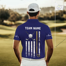 Load image into Gallery viewer, Male golfer wearing yellow blue grunge American flag golf polo shirt, patriotic golf clothing, golf tournament outfit