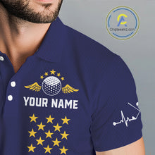 Load image into Gallery viewer, Male golfer wearing yellow blue grunge American flag golf polo shirt, patriotic golf clothing, golf tournament outfit