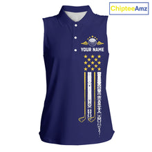 Load image into Gallery viewer, Women's grunge US flag golf polo shirt, yellow and blue patriotic golf apparel, golf team uniform, American flag golf shirt