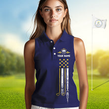 Load image into Gallery viewer, Female golfer wearing yellow blue grunge American flag golf polo shirt, patriotic golf clothing, golf tournament outfit