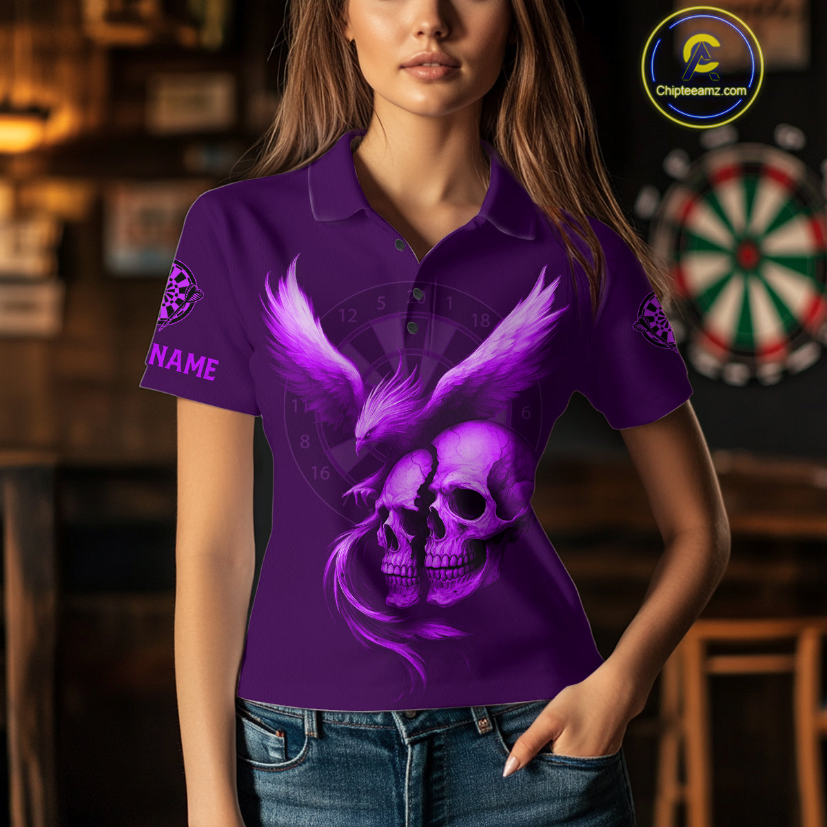 Darts Shirt For Women Personalized Eagle Skull Dartboard Dart Team Jerseys | Purple NYN1155