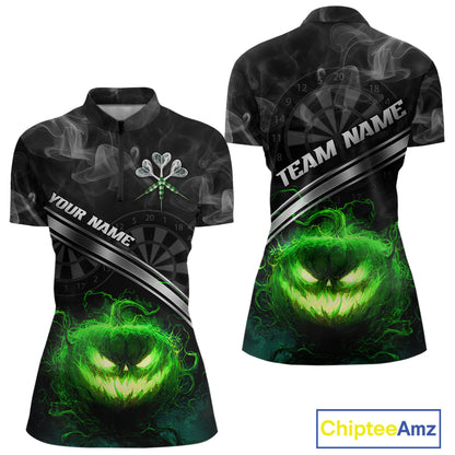 Halloween Women Darts Shirt Personalized Green Pumpkin Dartboard, Halloween Dart Jerseys NYN1164