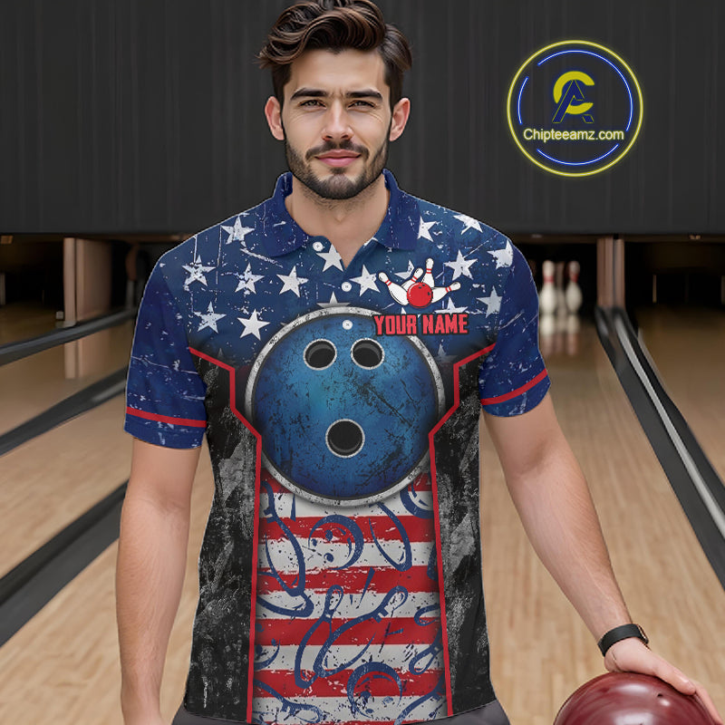 Grunge American Flag Bowling Polo & 1/4 Zip Shirts For Men Custom Patriotic Team Bowling Jerseys NYN3128