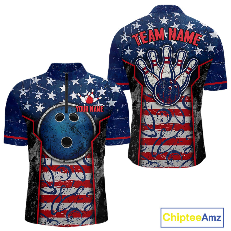 Grunge American Flag Bowling Polo & 1/4 Zip Shirts For Men Custom Patriotic Team Bowling Jerseys NYN3128