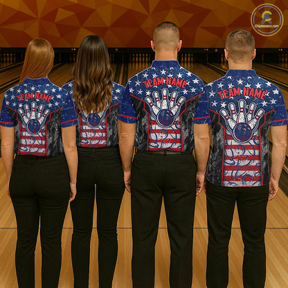 Grunge American Flag Bowling Polo & 1/4 Zip Shirts For Men Custom Patriotic Team Bowling Jerseys NYN3128