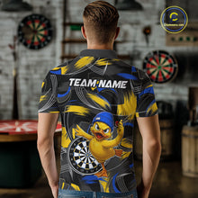 Load image into Gallery viewer, Male darts player wearing funny duck dart jersey, blue yellow brush dart shirt, personalized darts team uniform, fun darts apparel