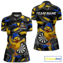 Load image into Gallery viewer, Blue and yellow brush funny duck women's quarter-zip dart shirt, custom darts team jersey, personalized dart player apparel