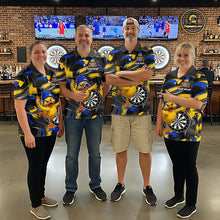 Load image into Gallery viewer, Men women darts team wearing matching funny duck dart jerseys, custom dart team shirts, novelty dart league uniforms