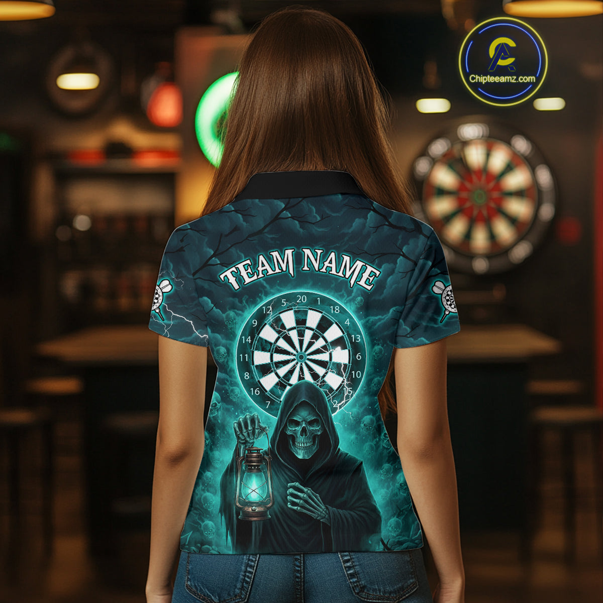 Teal Neon Grim Reaper Lightning Skull Darts League Shirt Custom Skull Women Darts Jersey NYN2036