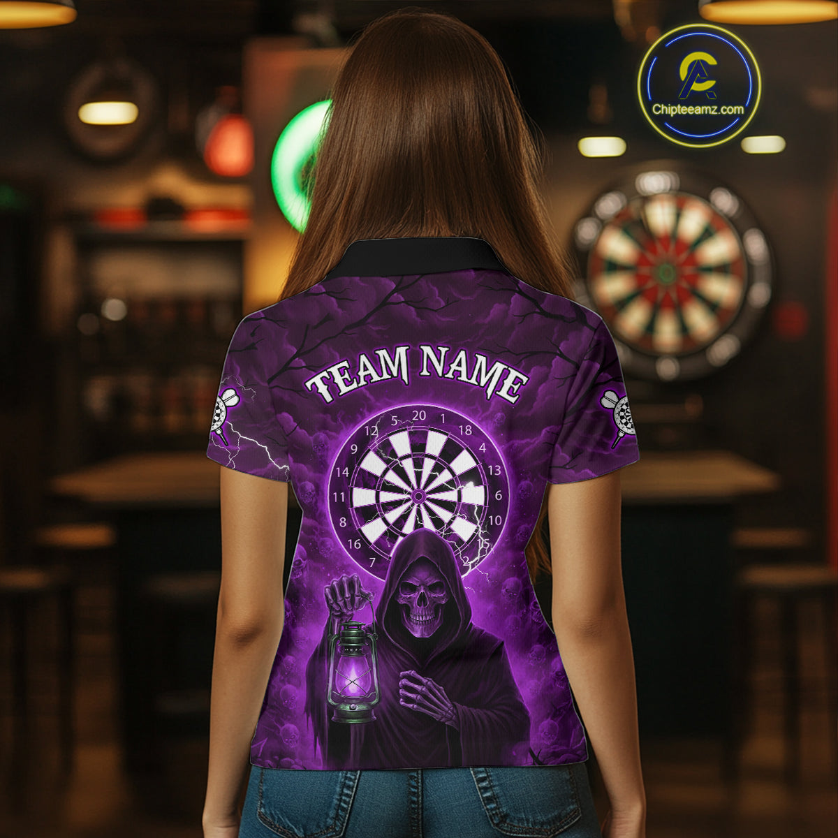 Purple Neon Grim Reaper Lightning Skull Darts League Shirt Custom Skull Women Darts Jersey NYN2038