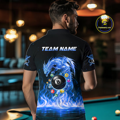 Fire Flame Dragon Pool 8 Ball Men's Billiard Shirt Custom Billiard Team League Attire|Blue NYN2557