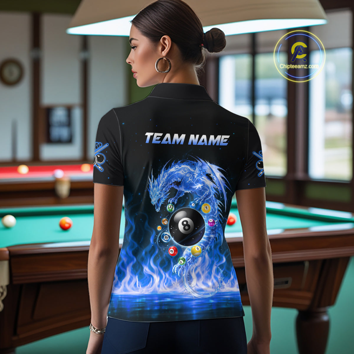 Fire Flame Dragon Pool 8 Ball Women's Billiard Shirt Custom Billiard Team League Attire|Blue NYN2557