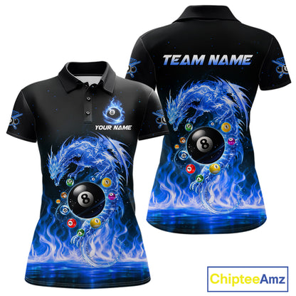 Fire Flame Dragon Pool 8 Ball Women's Billiard Shirt Custom Billiard Team League Attire|Blue NYN2557