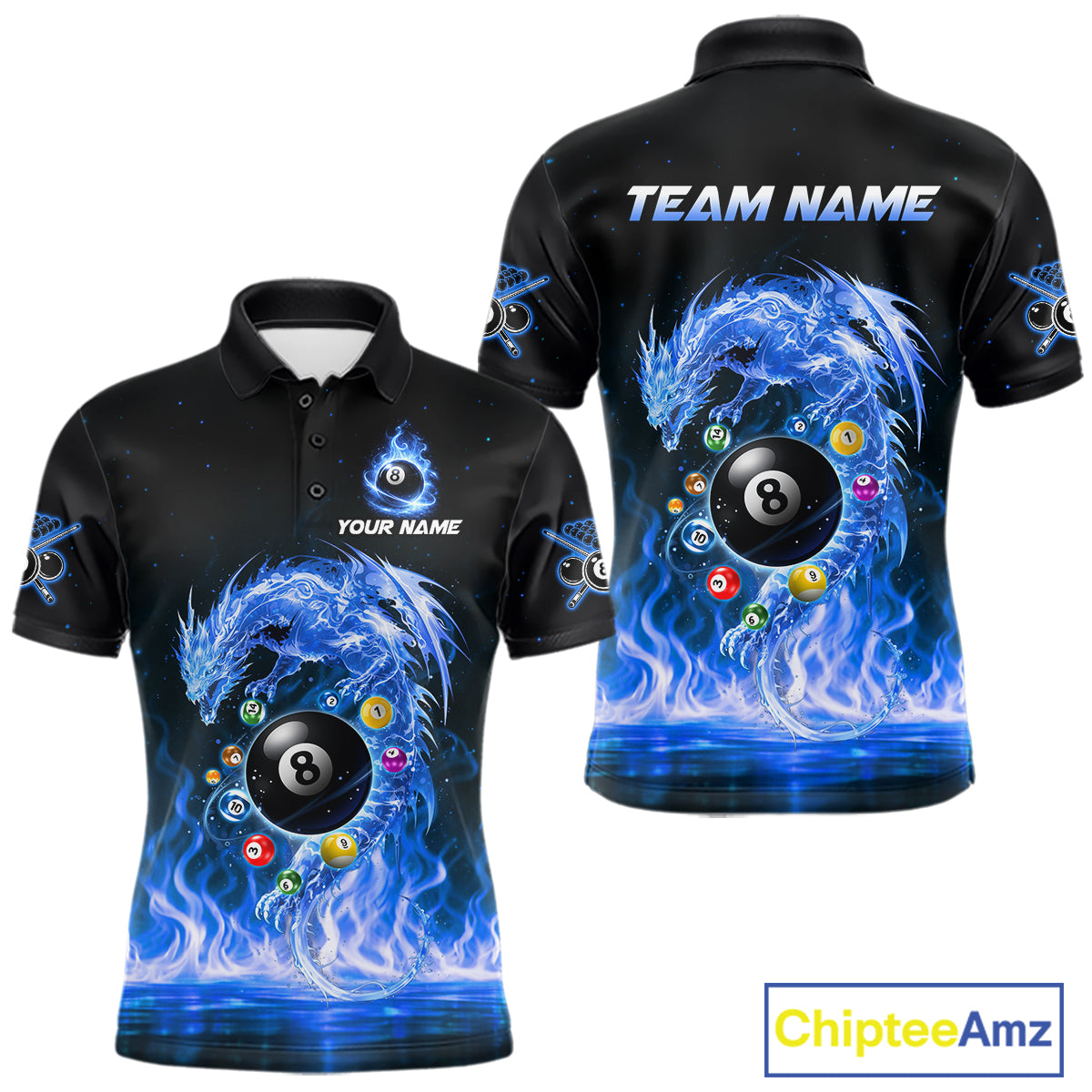 Fire Flame Dragon Pool 8 Ball Men's Billiard Shirt Custom Billiard Team League Attire|Blue NYN2557