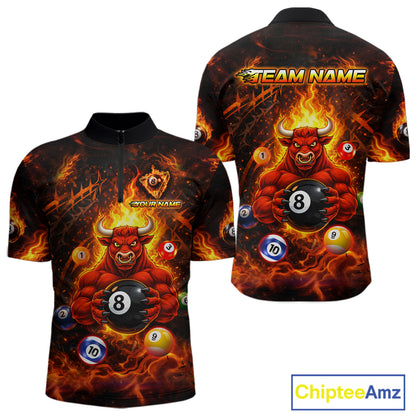 Fire Flame Funny Bull Plays Pool Ball Billiard Shirt For Men Custom 8 Ball Billiard Team Attire NYN2565
