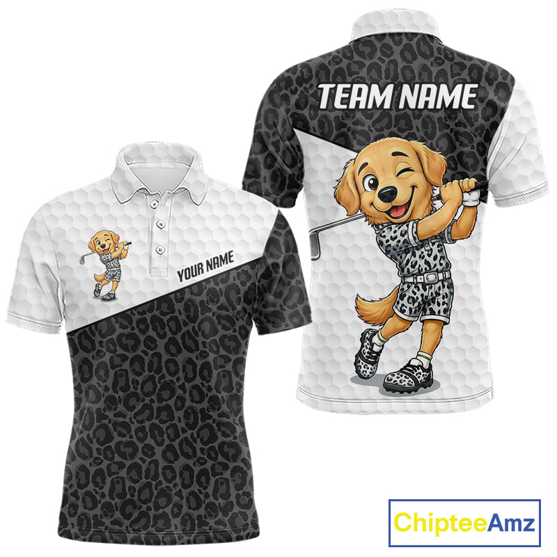 Golden retriever golf shirt with black leopard pattern funny golf polo for men