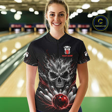 Load image into Gallery viewer, Female bowler wearing Red And Grey Smokes Horror Skull bowling jersey custom bowling league apparel