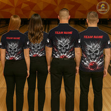 Load image into Gallery viewer, Men women bowling team wearing Red And Grey Smokes Horror Skull bowling jerseys matching team uniforms