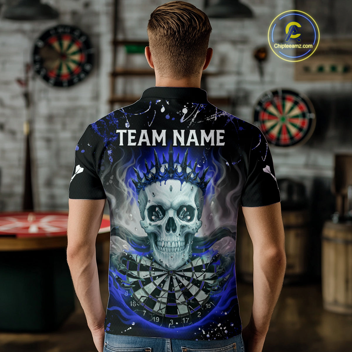 Grey Blue Smoke Crown Skull Dartboard Custom Mens Polo Dart Shirt Splatter Dart Jerseys NYN1774