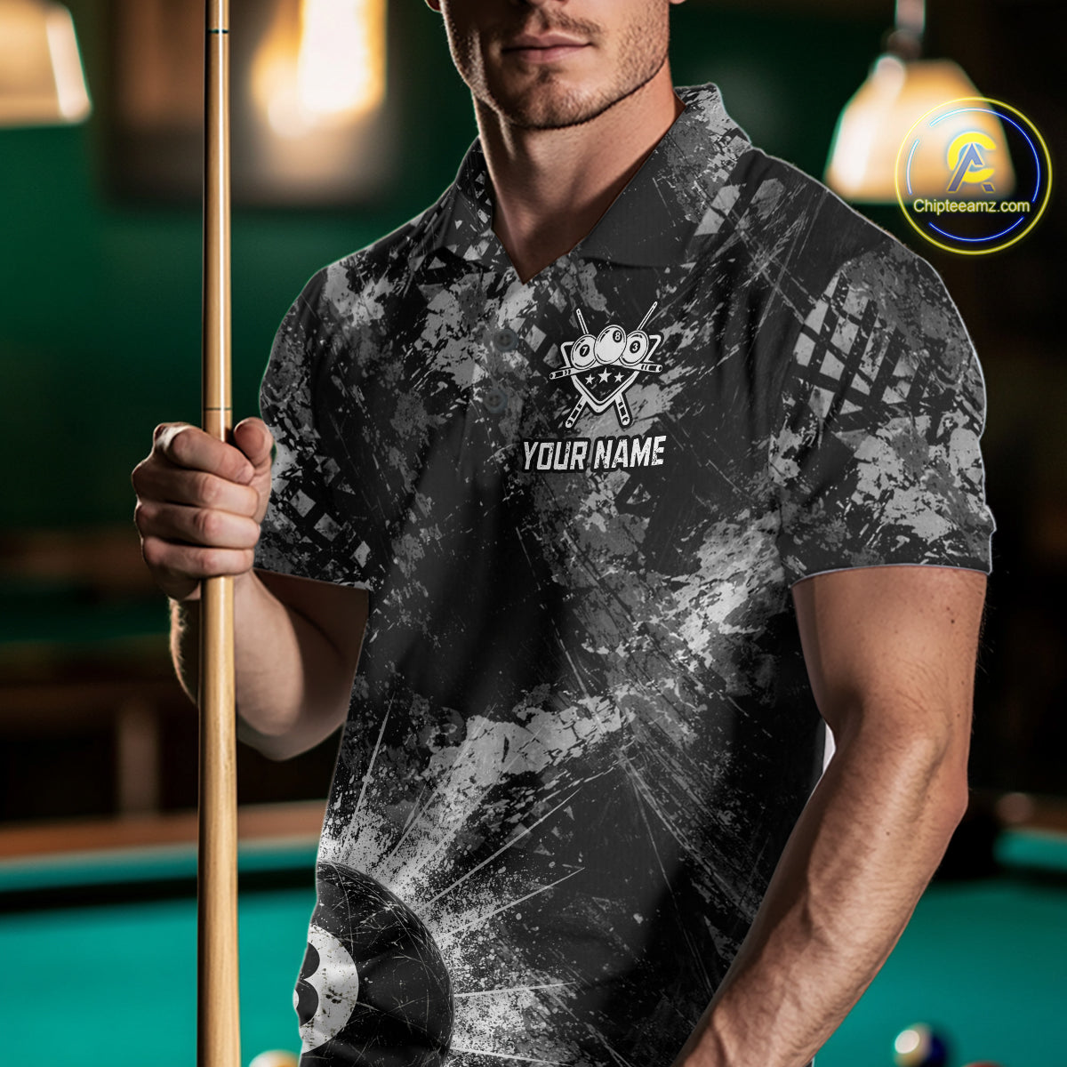 Black White Grunge Pool 8 Ball Billiard Shirt For Men Personalized Ball Billiard Attire Gifts NYN2569