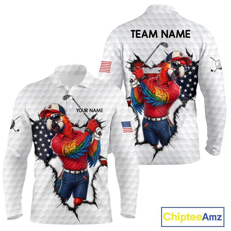 Custom Funny Cool Parrot White Golf Ball Mens Patriot Golf Polo Shirts Custom US Flag Golf Gifts NYN3150