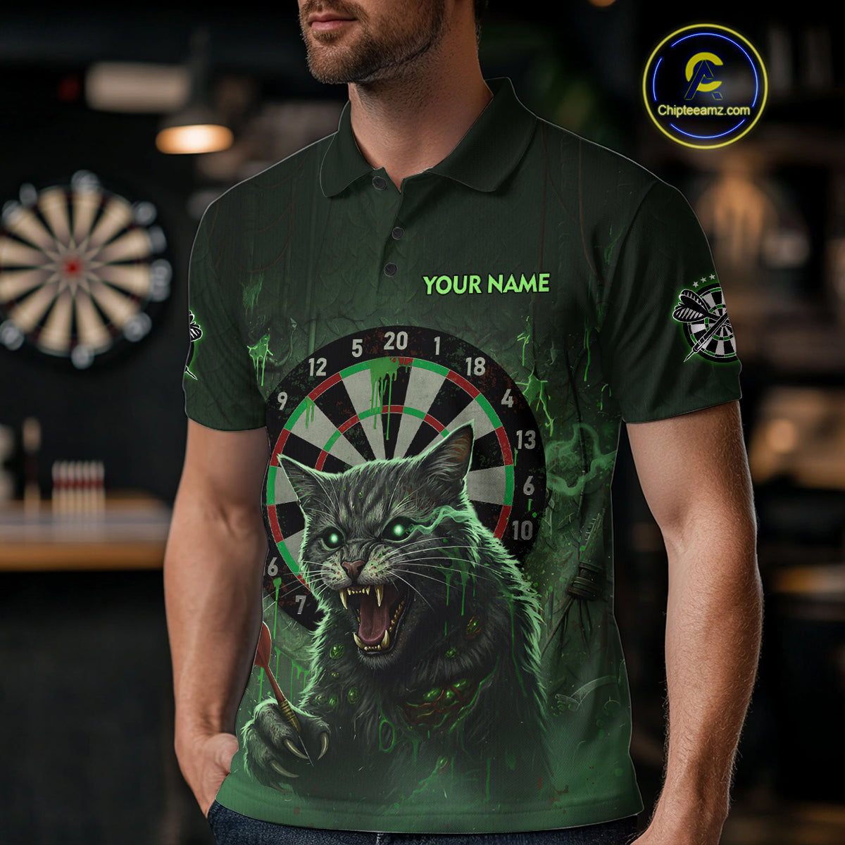 Funny Cat Green Dripping Dartboard Custom Men's Polo Darts Shirt Outfits Darts Jersey NYN1801