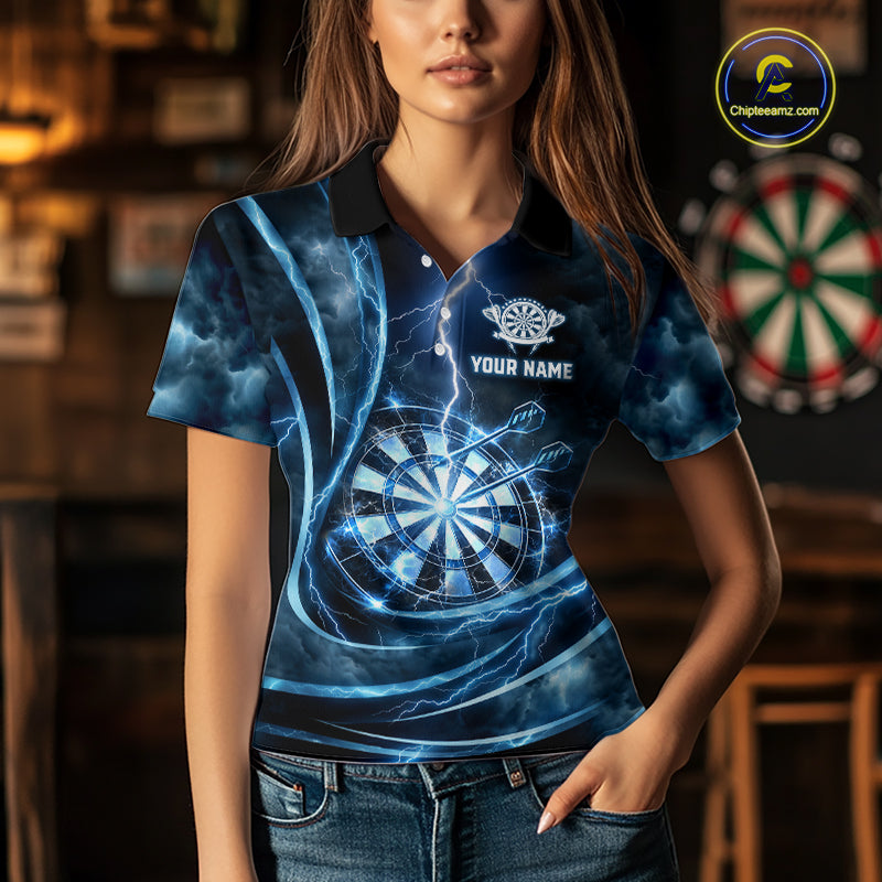 Personalized Thunder Darts Polo & 1/4-Zip Shirt For Women Lightning Dark Blue Dart Attire Jerseys NYN2955