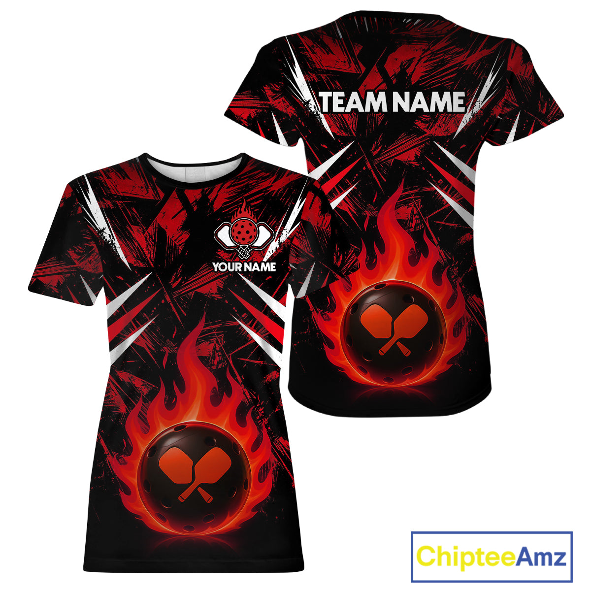 Custom Red Grunge Fire Flame Pickleball Ball & Paddle T-Shirt For Women Outfits Pickleball Jersey NYN2576