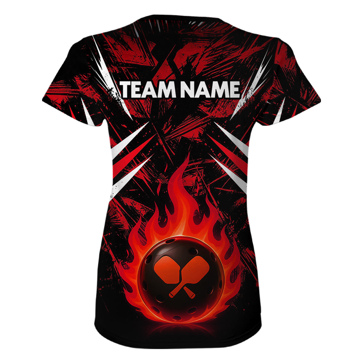 Custom Red Grunge Fire Flame Pickleball Ball & Paddle T-Shirt For Women Outfits Pickleball Jersey NYN2576