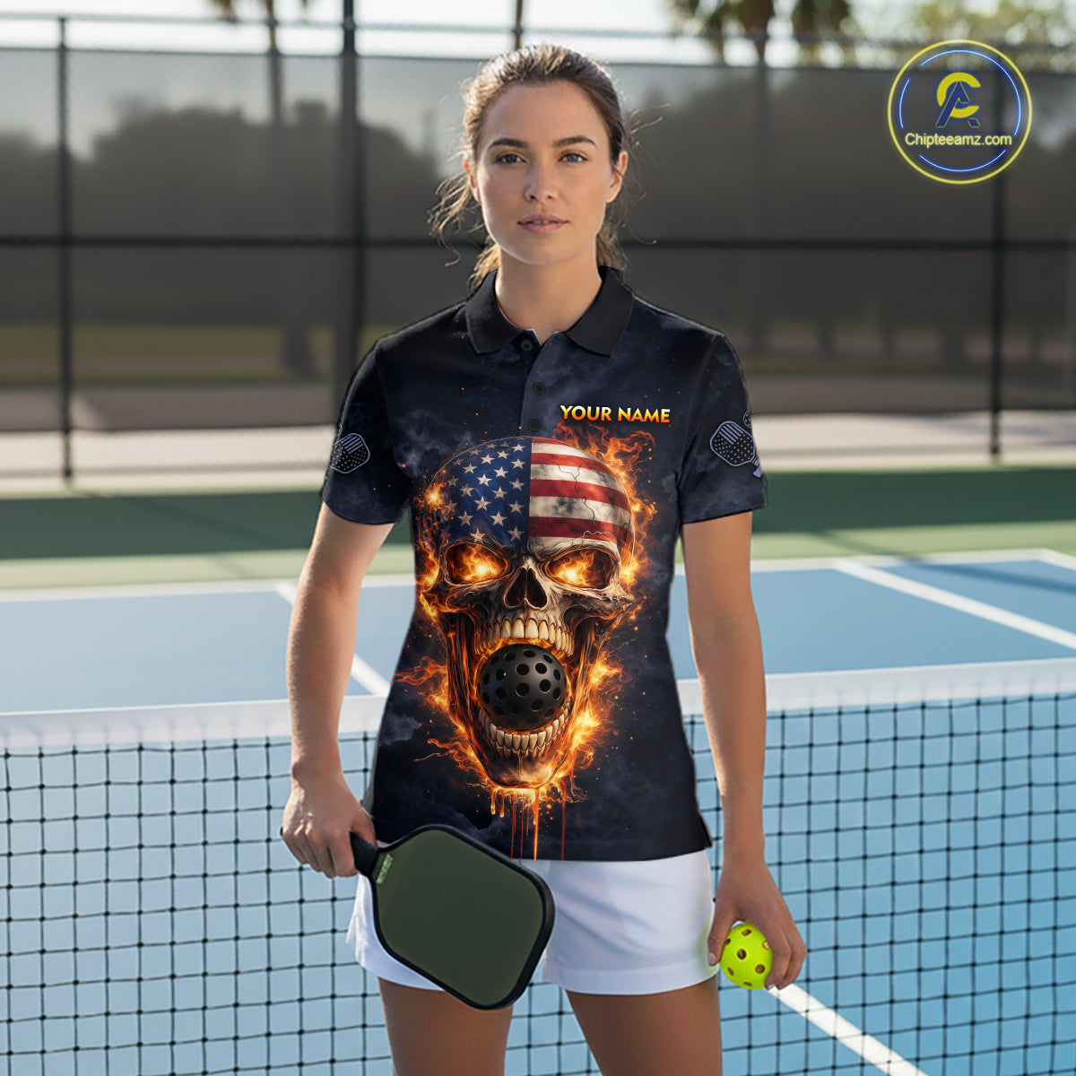 Custom US Flag Skull Fire Flame Pickleball Ball & Paddle T-Shirt Pickleball Jersey For Women NYN2579