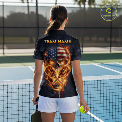 Custom US Flag Skull Fire Flame Pickleball Ball & Paddle T-Shirt Pickleball Jersey For Women NYN2579
