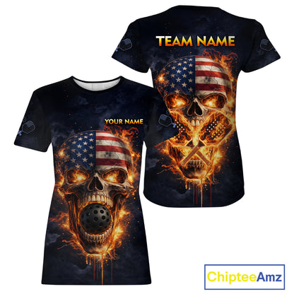 Custom US Flag Skull Fire Flame Pickleball Ball & Paddle T-Shirt Pickleball Jersey For Women NYN2579