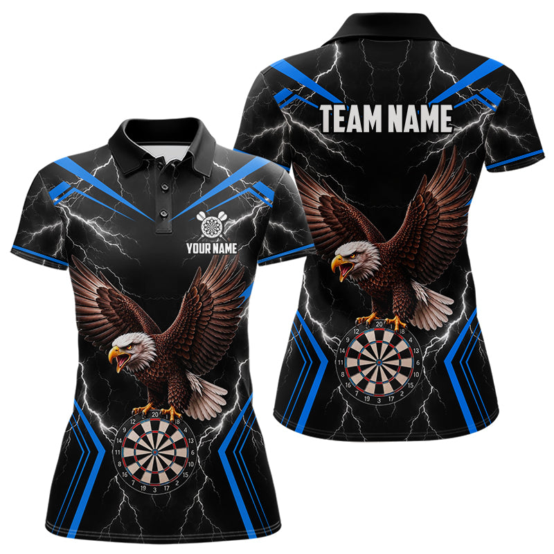 Thunder Lightning Eagle Dartboard Women's Dart Polo Shirt, Blue Personalized Dart Team Jersey, Patriotic Eagle Performance Polo, Strength, Victory
