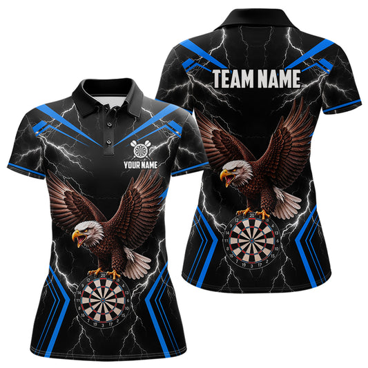 Thunder Lightning Eagle Dartboard Women's Dart Polo Shirt, Blue Personalized Dart Team Jersey, Patriotic Eagle Performance Polo, Strength, Victory