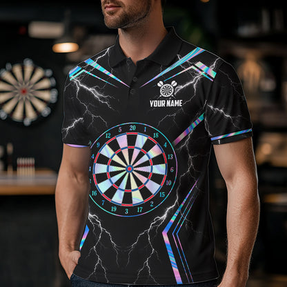Male model wearing Holographic Thunder dart polo during league play, neon athletic apparel, competitive sports lifestyle