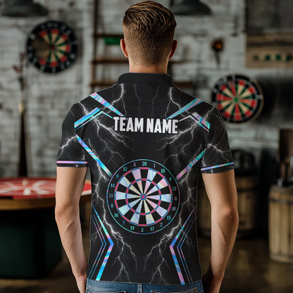Male model wearing Holographic Thunder dart polo during league play, neon athletic apparel, competitive sports lifestyle