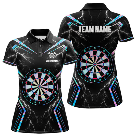 Holographic Dartboard Women's Dart Polo Shirt, Personalized Thunder Lightning Dart Team Jersey, Futuristic Performance Polo, Neon Sportswear