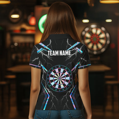 Female model wearing Holographic Thunder dart polo during tournament, futuristic dart fashion, confidence, esports-inspired style