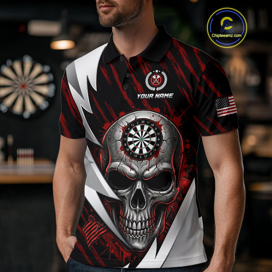 Silver Skull Red Grunge US Flag Men Darts Polo Shirt Custom Name Dart League Jerseys NYN2061