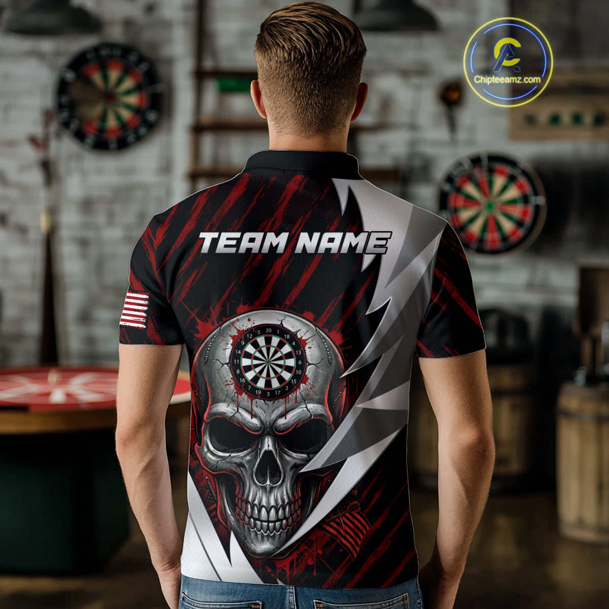 Silver Skull Red Grunge US Flag Men Darts Polo Shirt Custom Name Dart League Jerseys NYN2061