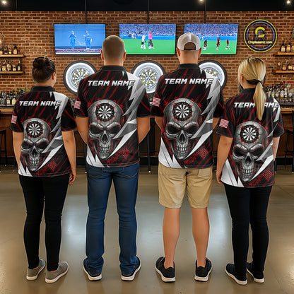 Silver Skull Red Grunge US Flag Women Darts Quarter-Zip Shirt Custom Name Dart League Jerseys NYN2061