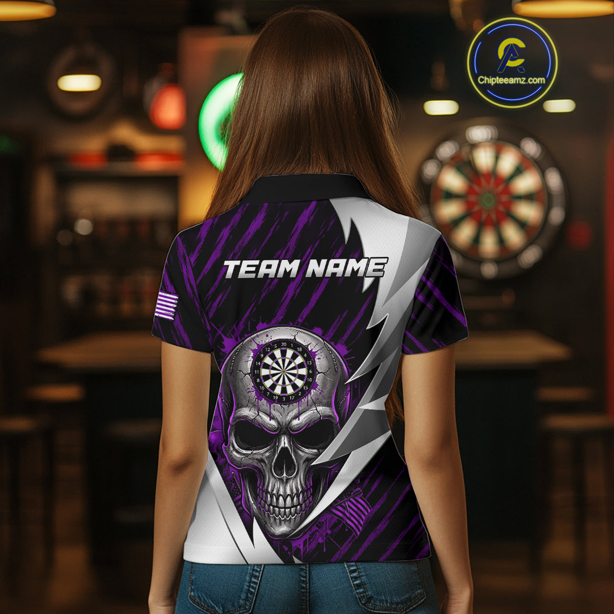 Silver Skull Purple Grunge US Flag Women Darts Polo Shirt Custom Name Dart League Jerseys NYN2062