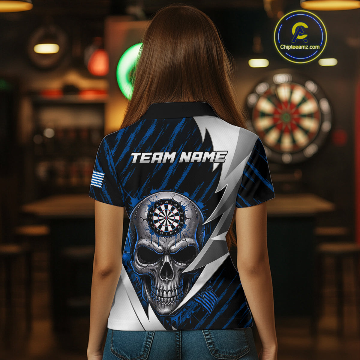 Silver Skull Blue Grunge US Flag Women Darts Polo Shirt Custom Name Dart League Jerseys NYN2063