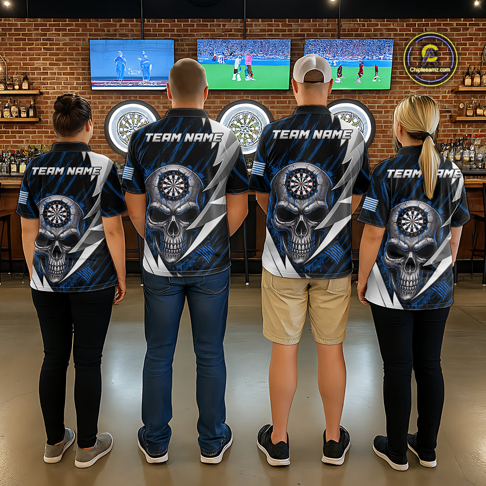 Silver Skull Blue Grunge US Flag Women Darts Quarter-Zip Shirt Custom Name Dart League Jerseys NYN2063