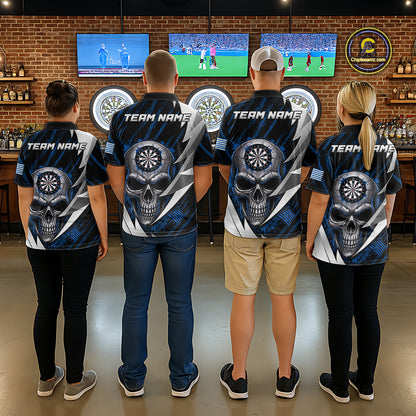 Silver Skull Blue Grunge US Flag Women Darts Quarter-Zip Shirt Custom Name Dart League Jerseys NYN2063