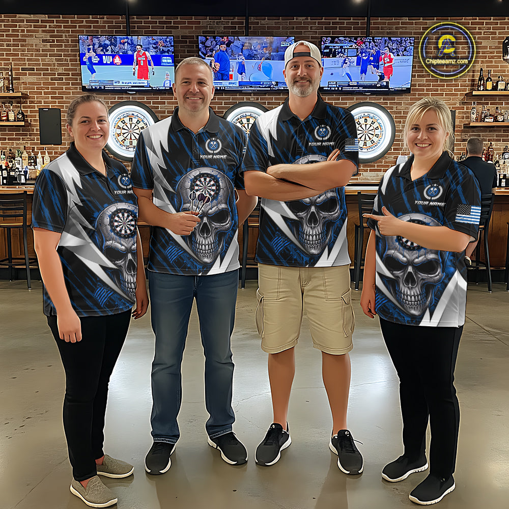 Silver Skull Blue Grunge US Flag Women Darts Quarter-Zip Shirt Custom Name Dart League Jerseys NYN2063