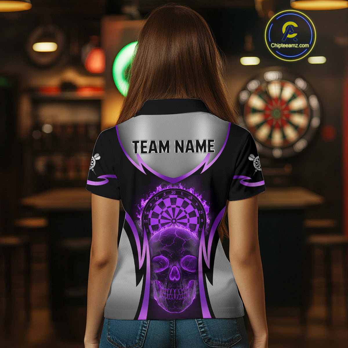 Silver Purple Flaming Skull Dartboard Women Darts Polo Shirt Custom Team Dart League Jerseys NYN2070