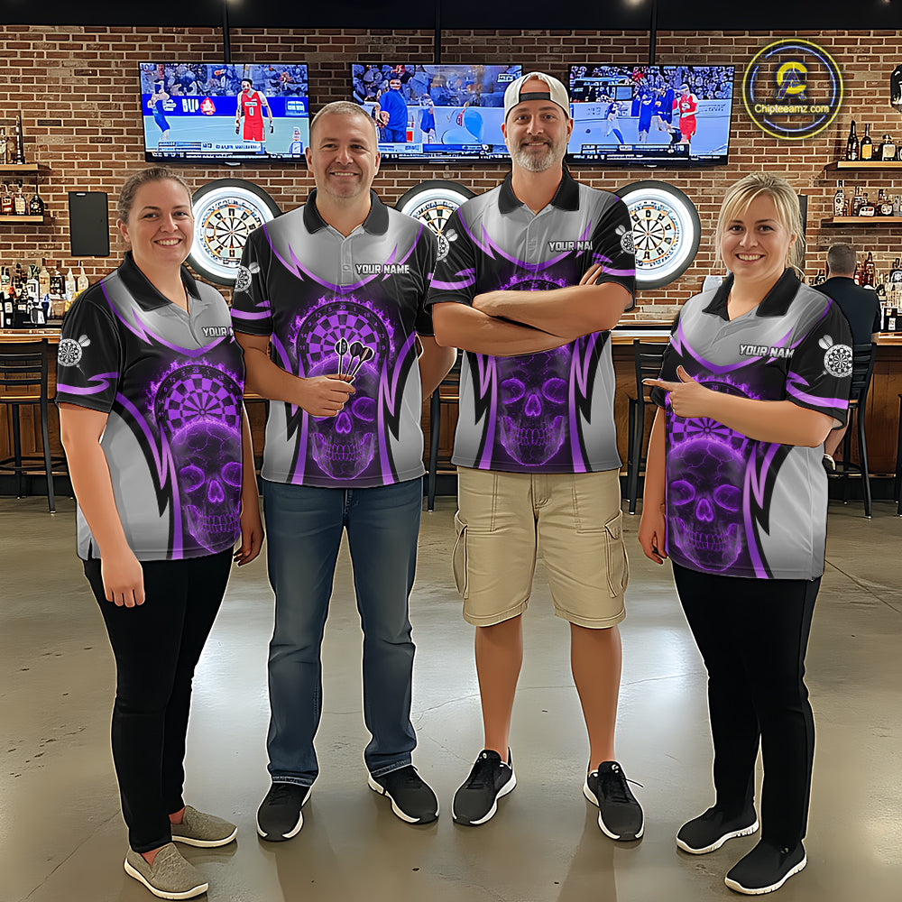 Silver Purple Flaming Skull Dartboard Women Darts Polo Shirt Custom Team Dart League Jerseys NYN2070